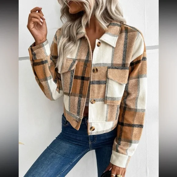 Boho navy blue plaid button down cropped jacket - Picture 6 of 16